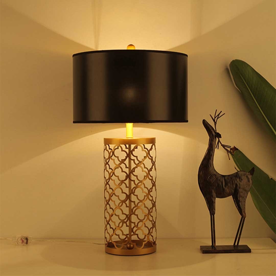 Golden Hollowed Out Base Table Lamp with Dark Shade Fast shipping On sale
