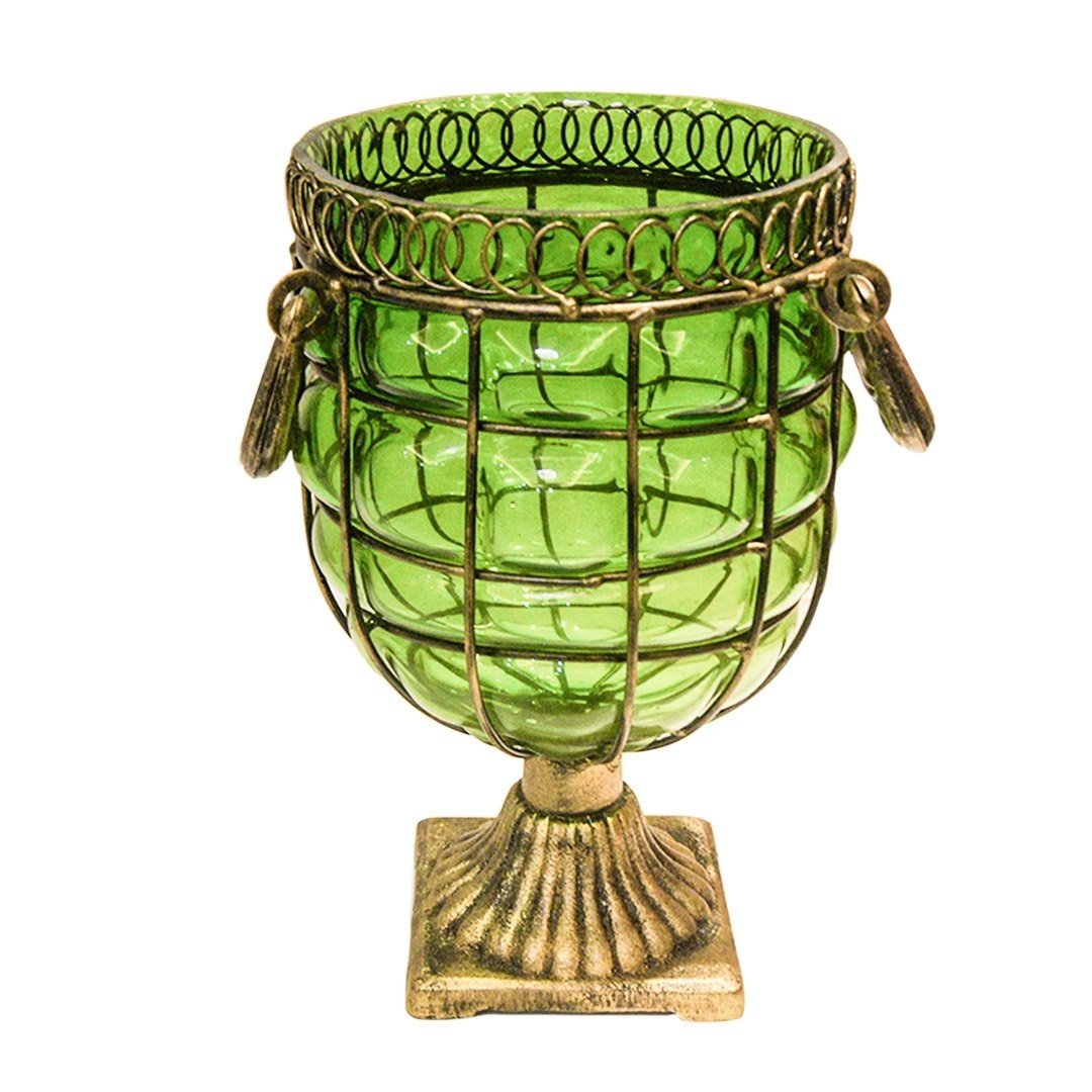 Green Colored European Glass Jar Flower Vase Solid Base with Metal Handle Vases Fast shipping On sale