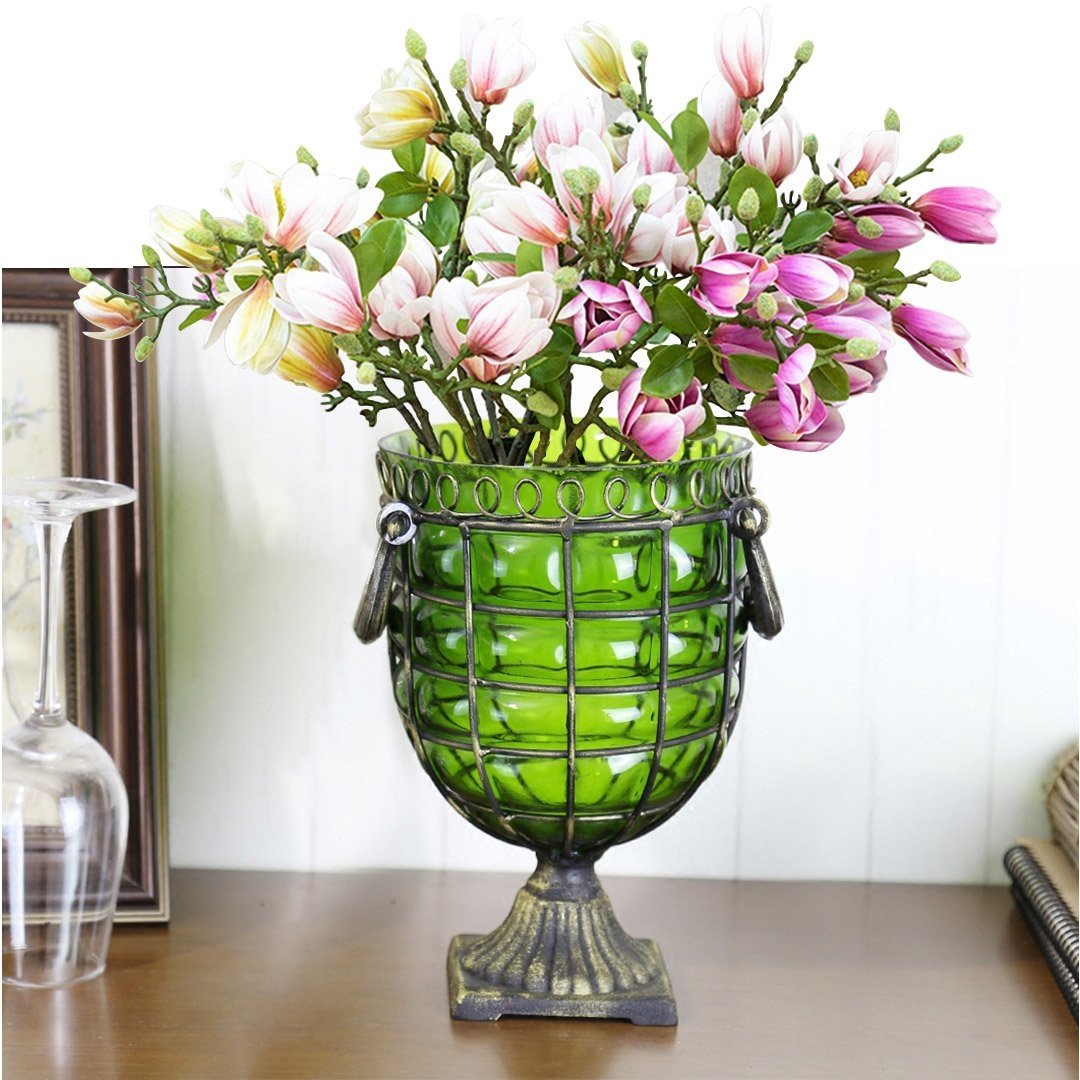 Green Glass Flower Vase with 6 Bunch 4 Heads Artificial Fake Silk Magnolia denudata Home Decor Set Vases Fast shipping On sale