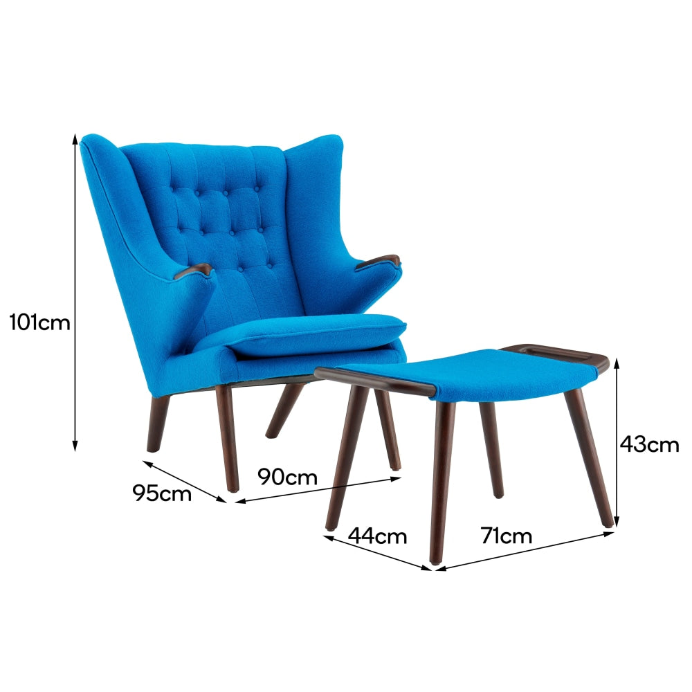 Hans Wegner Replica Fabric Papa Bear Accent Lounge Chair W/ Ottoman - Blue Fast shipping On sale