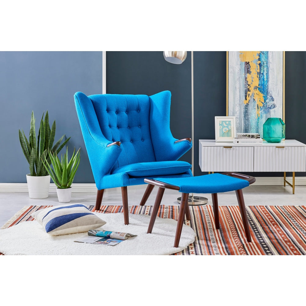 Hans Wegner Replica Fabric Papa Bear Accent Lounge Chair W/ Ottoman - Blue Fast shipping On sale