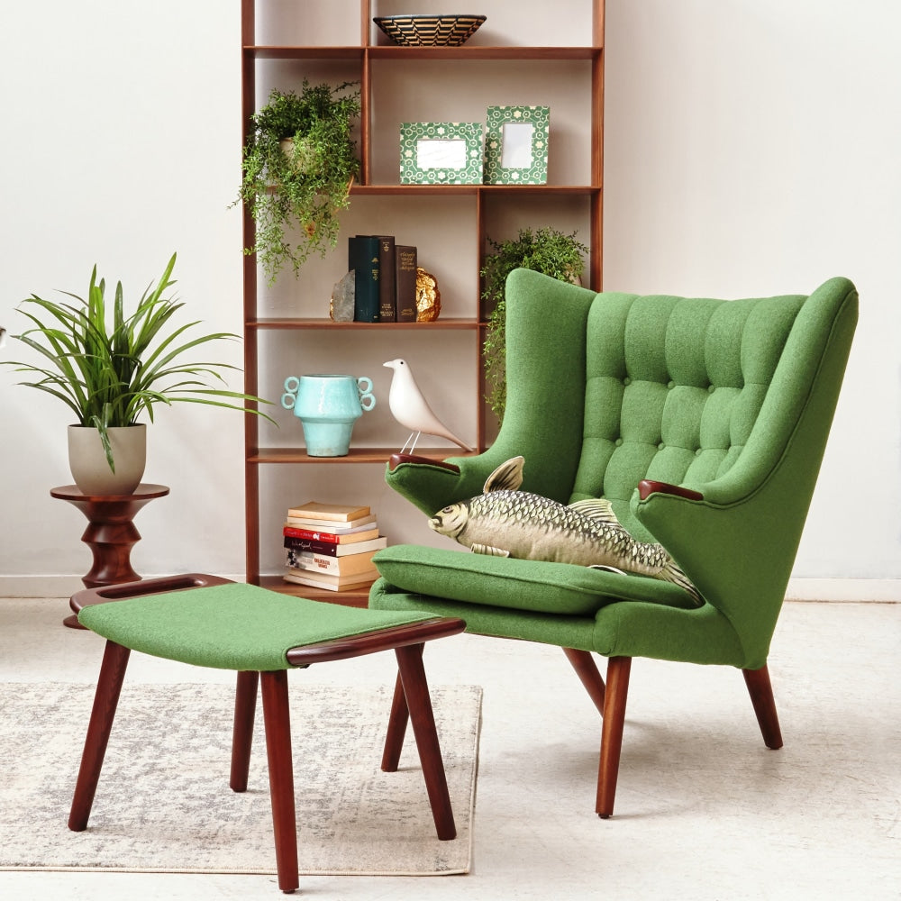 Hans Wegner Replica Fabric Papa Bear Accent Lounge Chair W/ Ottoman - Green Fast shipping On sale