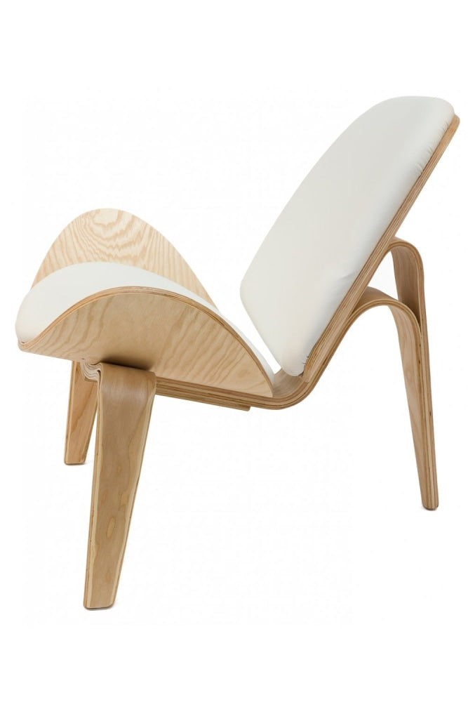 Hans Wegner Replica Lounge Shell Chair PU Leather - Natural Frame - White Fast shipping On sale
