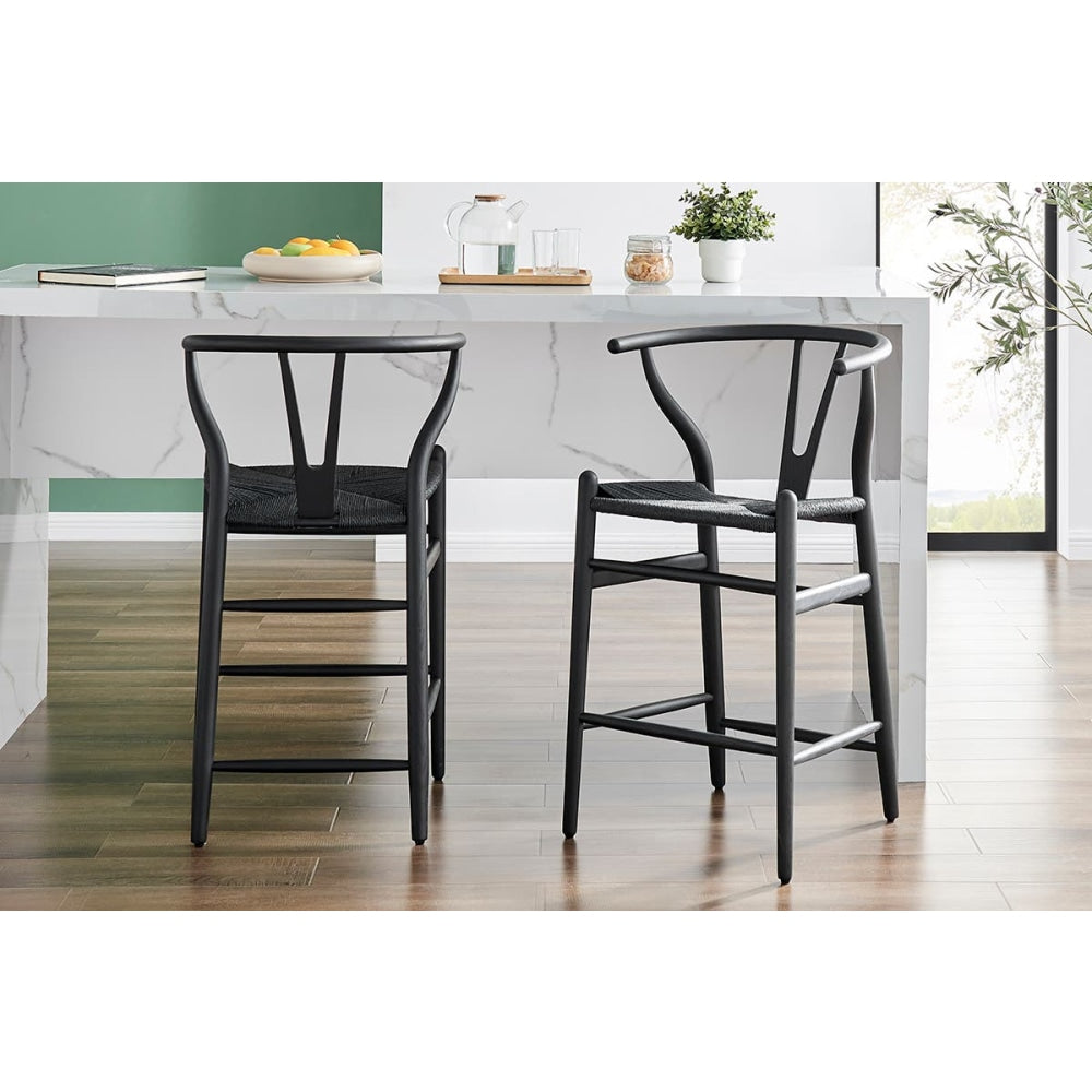 Hans Wegner Replica Wishbone Wooden Counter Kitchen Bar Stool - Oak Wood/Black Black Fast shipping On sale