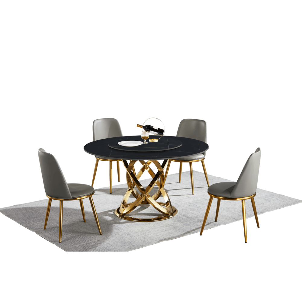 Hayes Luxurious Sintered Stone Round Dining Table 150cm W/ Lazy Susan - Black & Gold Fast shipping On sale