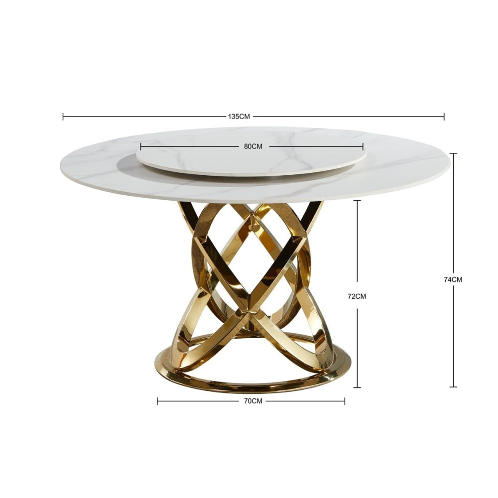 Hayes Luxurious Sintered Stone Round Dining Table 150cm W/ Lazy Susan - White & Gold Fast shipping On sale