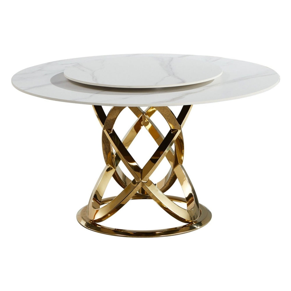 Hayes Luxurious Sintered Stone Round Dining Table 150cm W/ Lazy Susan - White & Gold Fast shipping On sale