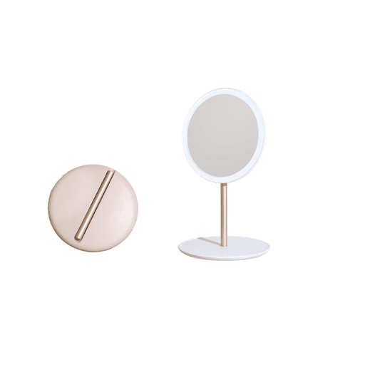 Travel Make Up Mirror with LED Light Rechargeable Standing Folding Round Pink Beige Fast shipping On sale
