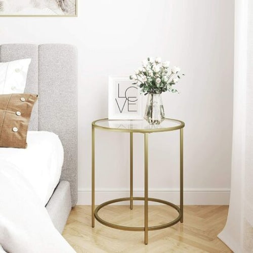 Round Side End Table with Tempered Glass Top Gold Frame Fast shipping On sale