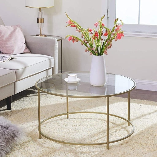 Vasagle Round Glass Top Coffee Table with Metal Frame Gold Side Fast shipping On sale