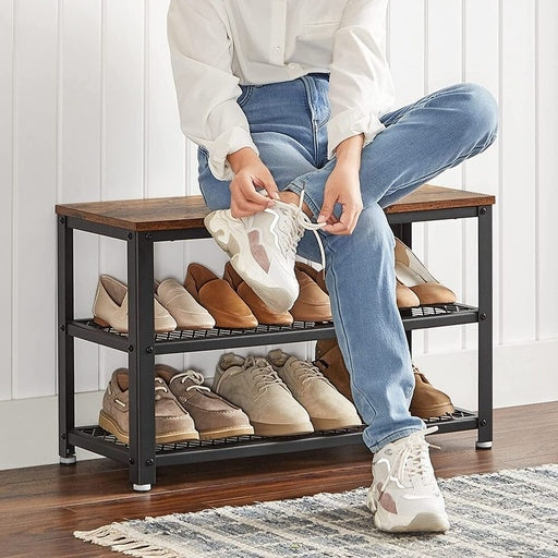 3 Tier Shoe Storage Bench 73cm Rustic Brown and Black Cabinet Rack Fast shipping On sale