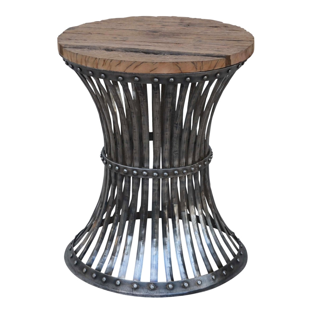 Inverted Wood and Iron Rustic Industrial Round Side Table Fast shipping On sale