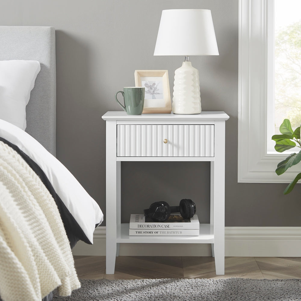 Issey Modern Wooden Bedside Nightstand Side Table Fluted 1-Drawer - White Fast shipping On sale