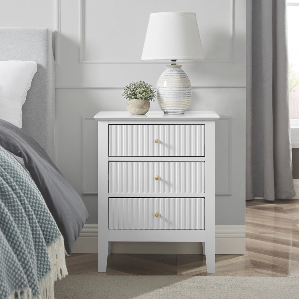 Issey Modern Wooden Bedside Nightstand Side Table Fluted 3-Drawers - White Fast shipping On sale