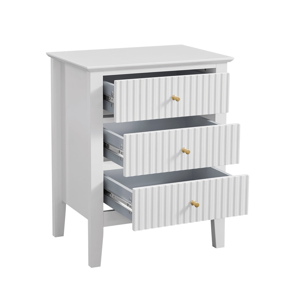 Issey Modern Wooden Bedside Nightstand Side Table Fluted 3-Drawers - White Fast shipping On sale