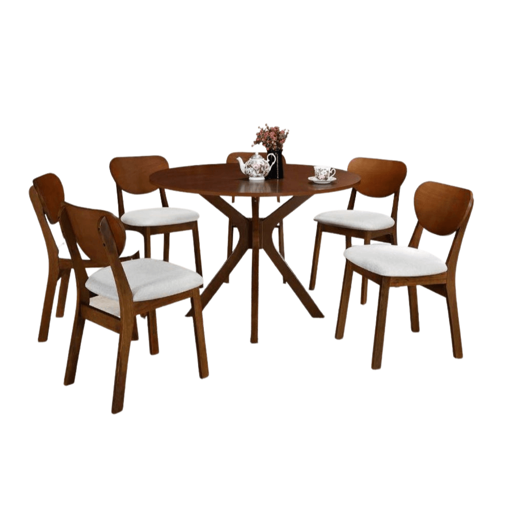 5Pc Dining Set Round Table 105cm With 4 Chairs - Walnut / Beige Fast shipping On sale