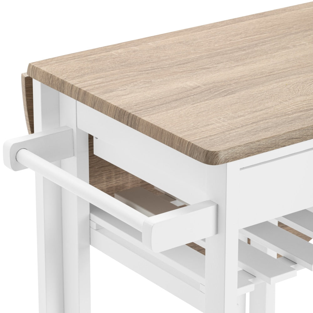 Jac Kitchen Set Folding Trolley Table W/ 2-Drawers & 2x Stools - White/Oak Fast shipping On sale