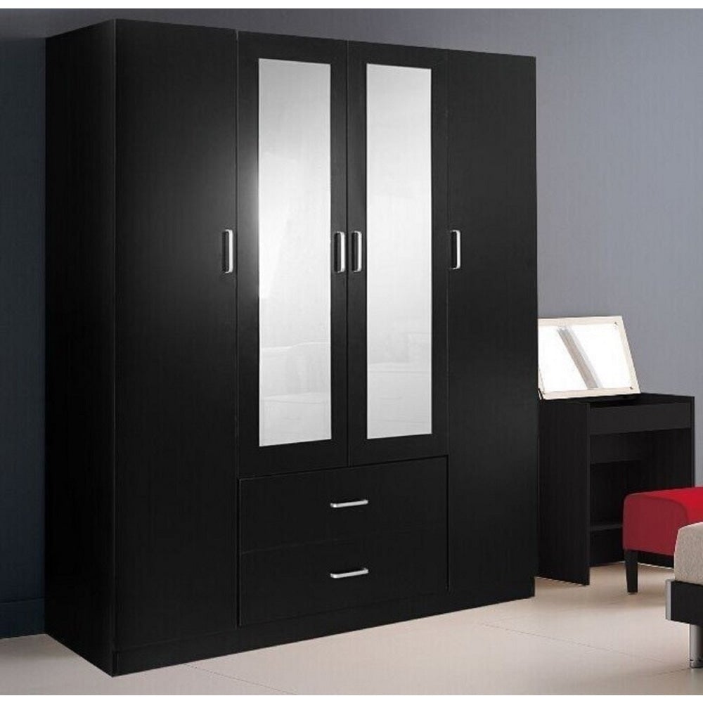Modern 4 - Door 2 - Drawers Wardrobe Closet Clothes Storage Cabinet With Mirror - Black Fast shipping On sale