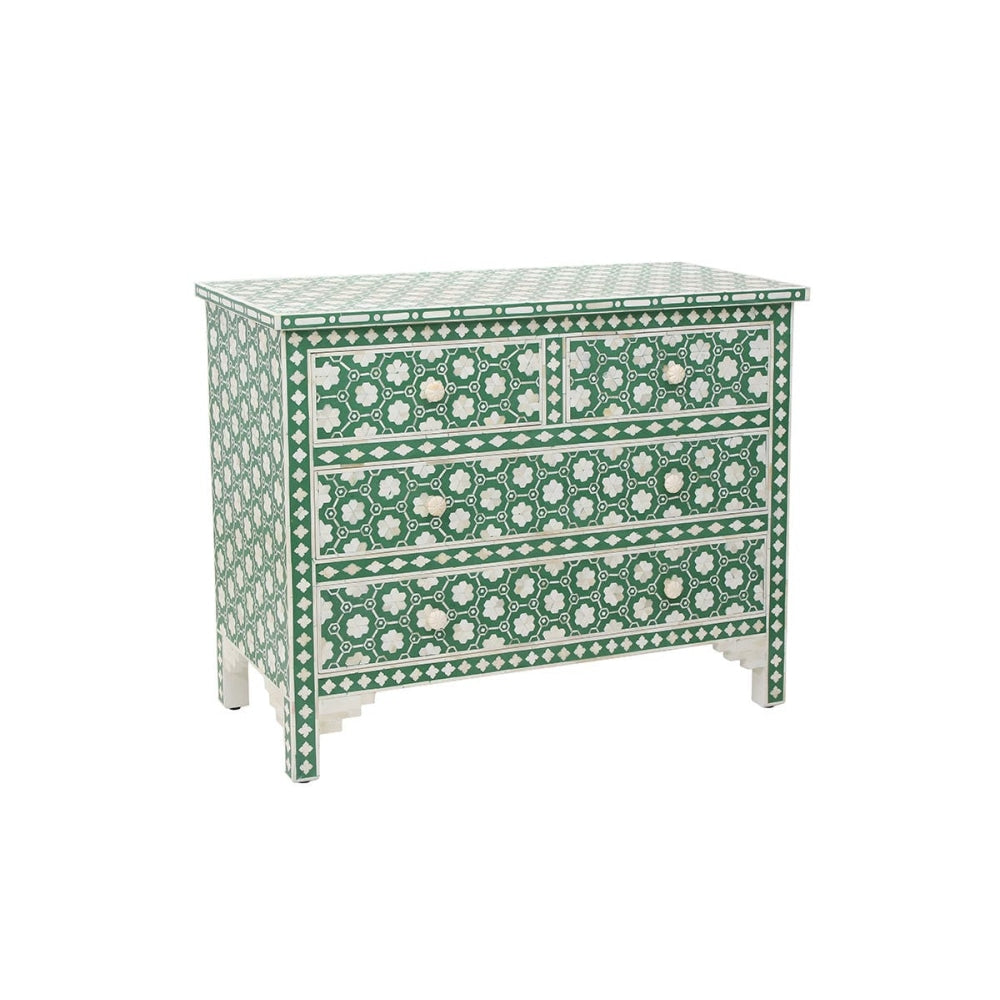 Jasmine Bone Inlay Chest of 4-Drawers Lowboy Storage Cabinet Green Forest Of Drawers Fast shipping On sale