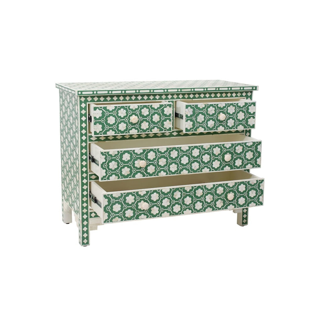 Jasmine Bone Inlay Chest of 4-Drawers Lowboy Storage Cabinet Green Forest Of Drawers Fast shipping On sale