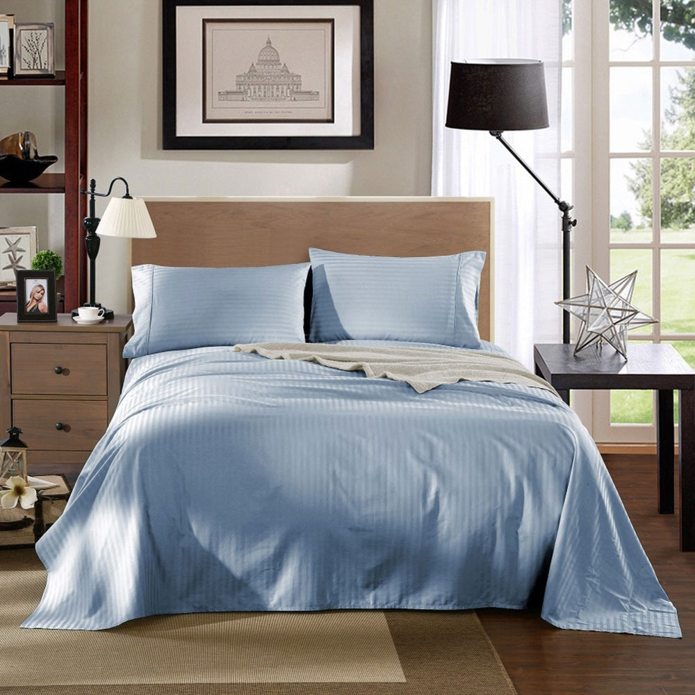 KENSINGTON 1200TC COTTON SHEET SET IN STRIPE-DOUBLE - CHAMBRAY(BLUE) Bed Sheet Fast shipping On sale