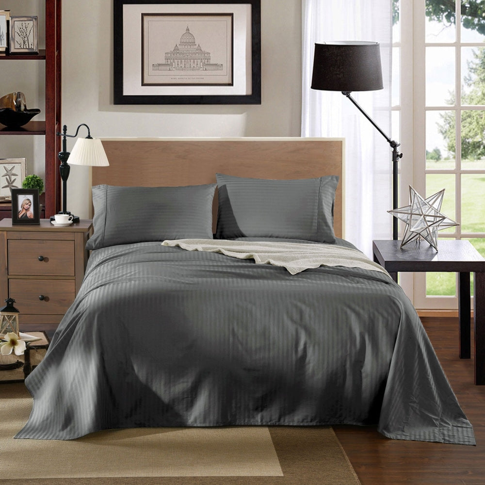 KENSINGTON 1200TC COTTON SHEET SET IN STRIPE-DOUBLE - CHARCOAL Bed Sheet Fast shipping On sale