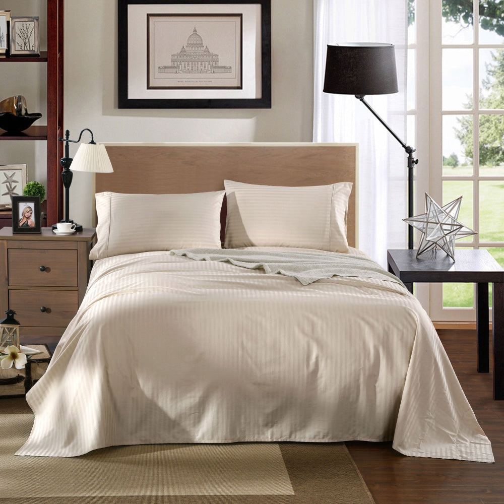 KENSINGTON 1200TC COTTON SHEET SET IN STRIPE-KING - SAND Bed Sheet Fast shipping On sale