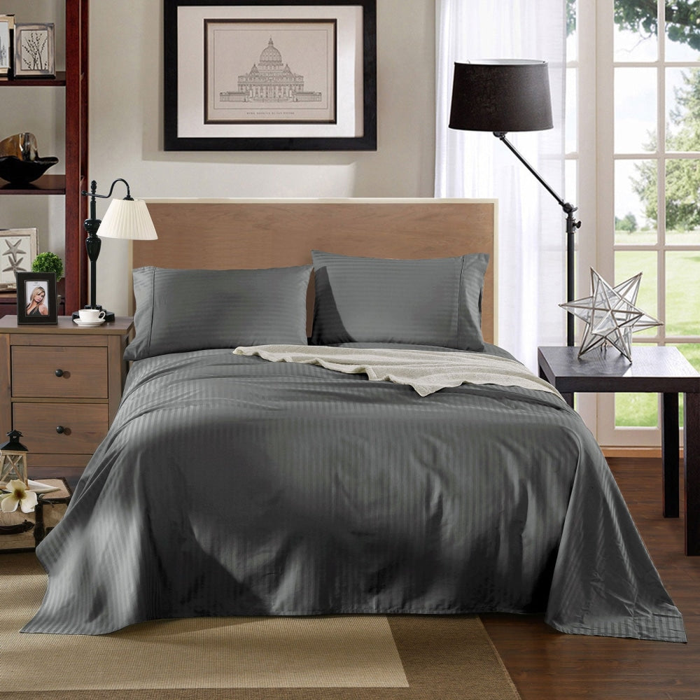 KENSINGTON 1200TC COTTON SHEET SET IN STRIPE-QUEEN - CHARCOAL Bed Sheet Fast shipping On sale