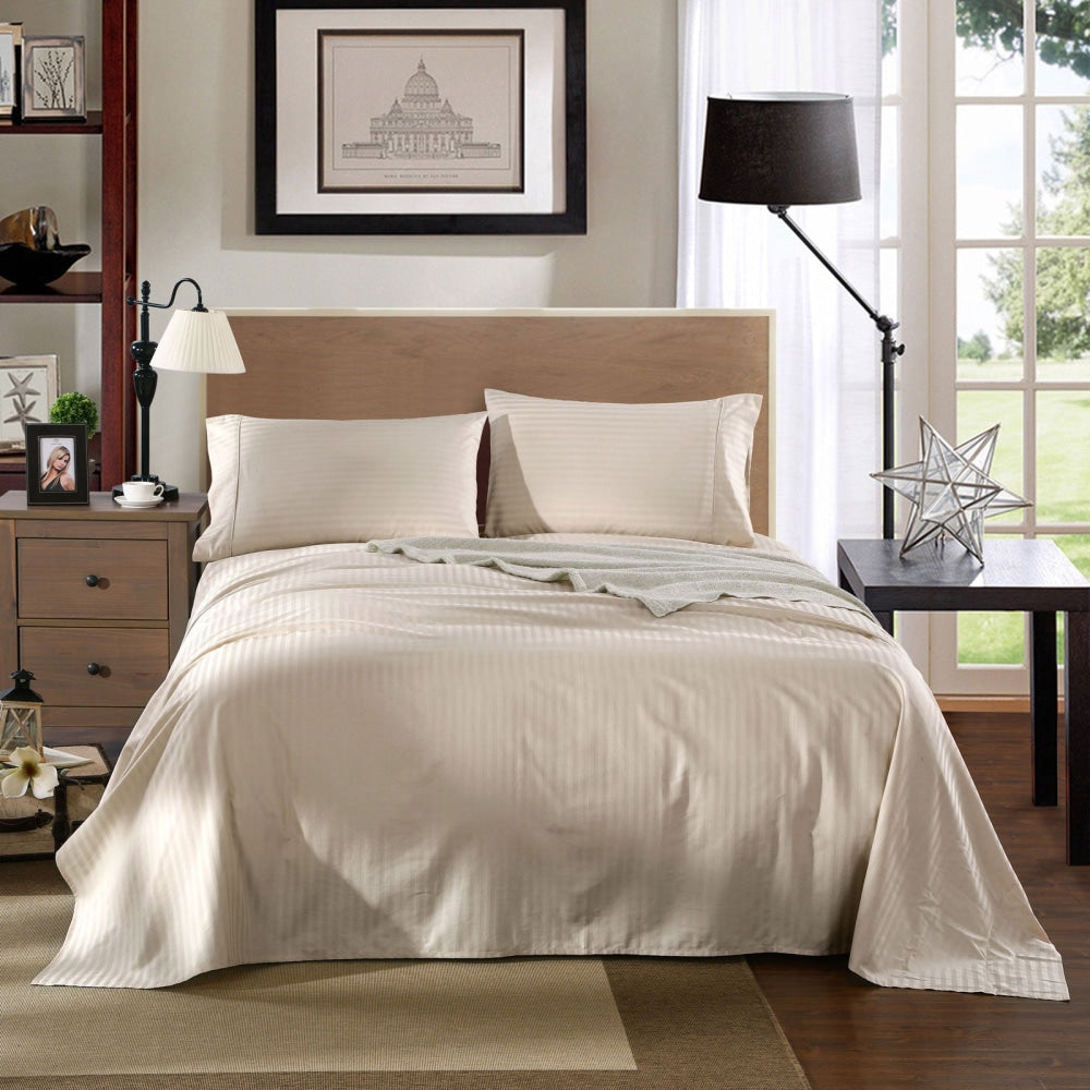 KENSINGTON 1200TC COTTON SHEET SET IN STRIPE-QUEEN - SAND Bed Sheet Fast shipping On sale