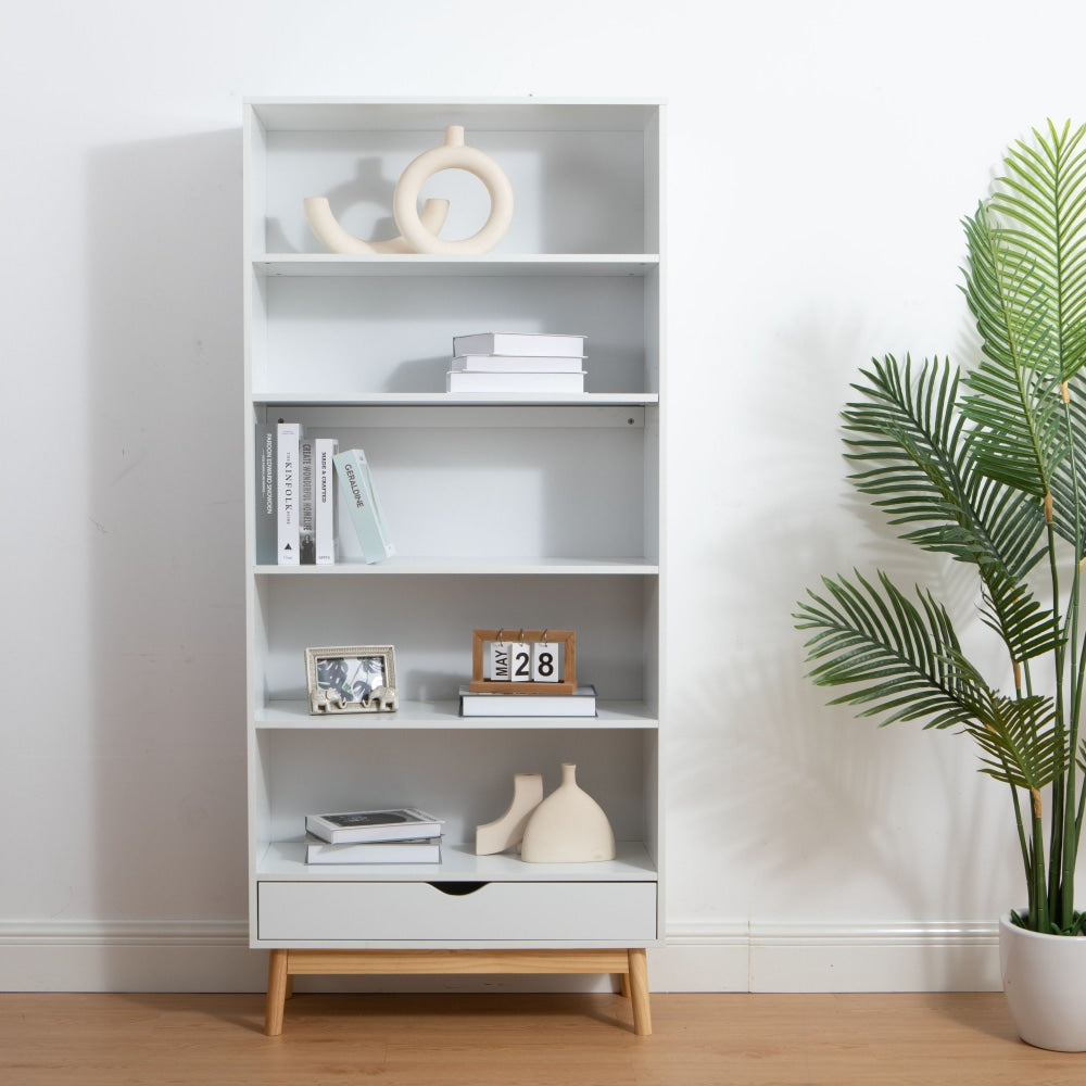 Kieran 5 - Tier Bookcase Display Shelf 1 - Drawer - White/Oak Fast shipping On sale