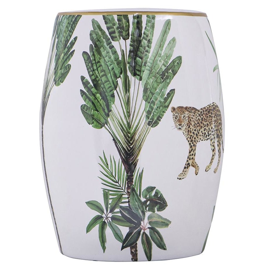 Leopard Jungle Foliage Ceramic Design Stool Side Table White Fast shipping On sale