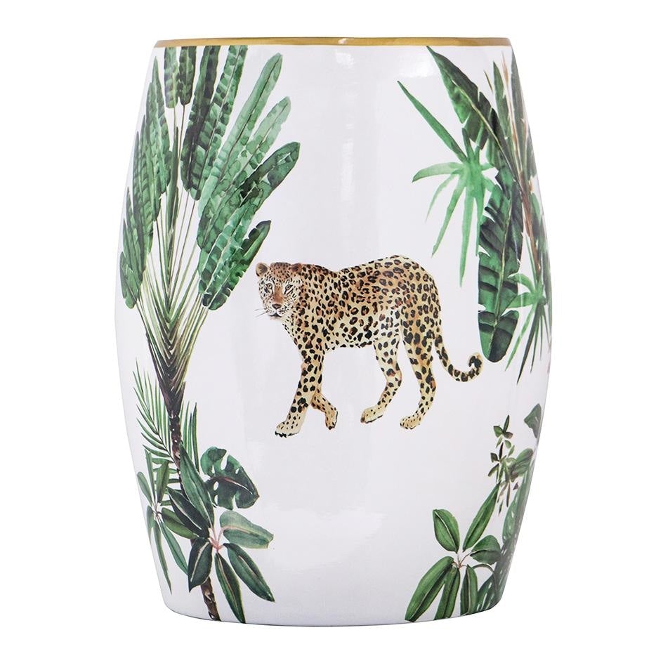 Leopard Jungle Foliage Ceramic Design Stool Side Table White Fast shipping On sale