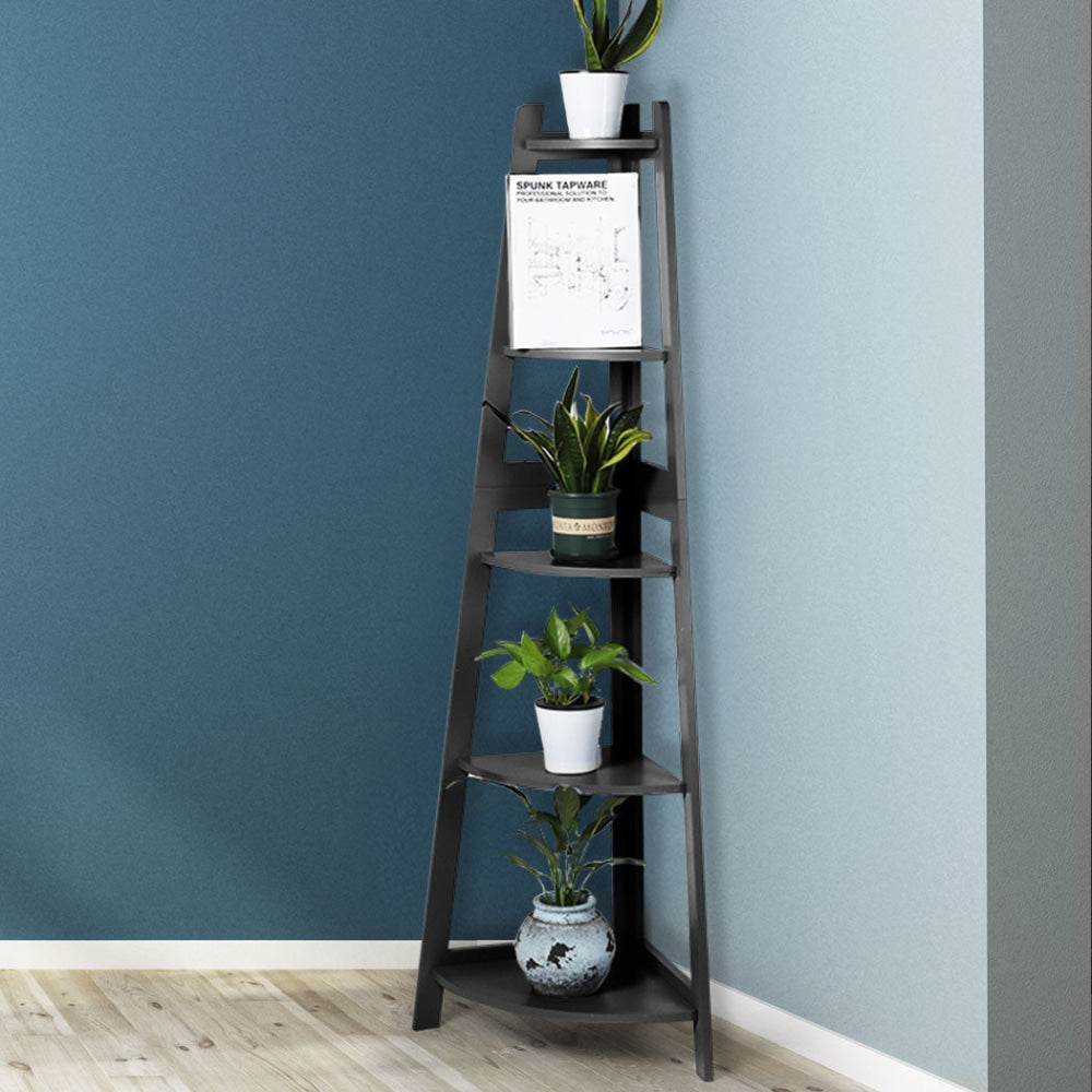 Levede 5 Tier Corner Shelf Wooden Storage Home Display Rack Plant Stand Black Bookcase Fast shipping On sale