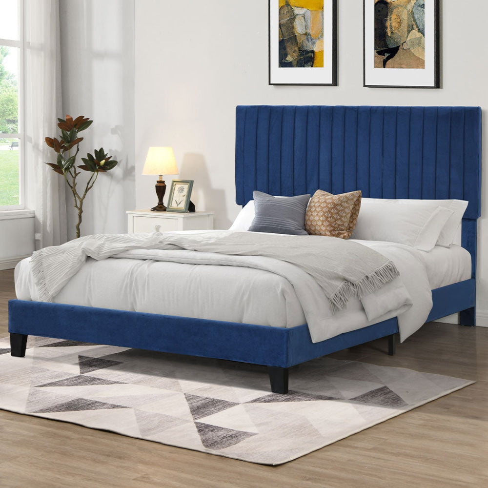 Levede Bed Frame Double Size Mattress Base Platform Wooden Velevt Headboard Blue Fast shipping On sale