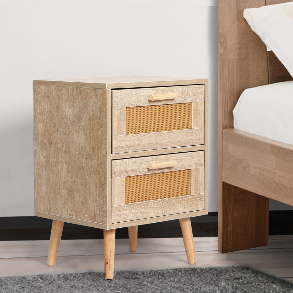 Levede Bedside Tables 2 Drawers Rattan Wood Nightstand Storage Cabinet Bedroom Table Fast shipping On sale