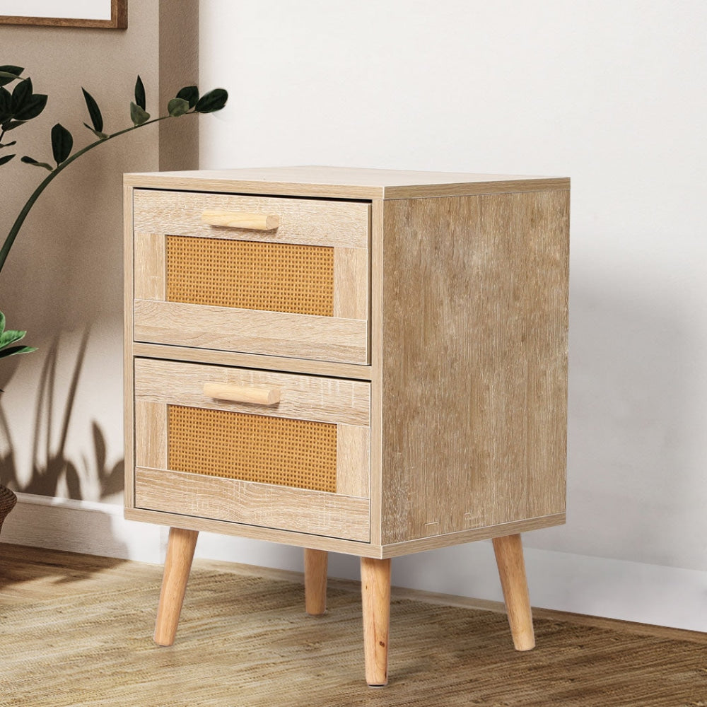 Levede Bedside Tables 2 Drawers Rattan Wood Nightstand Storage Cabinet Bedroom Table Fast shipping On sale