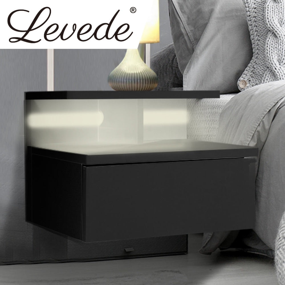 Levede Bedside Tables LED Side Table Storage Drawer Floating Nightstand Black X2 Fast shipping On sale