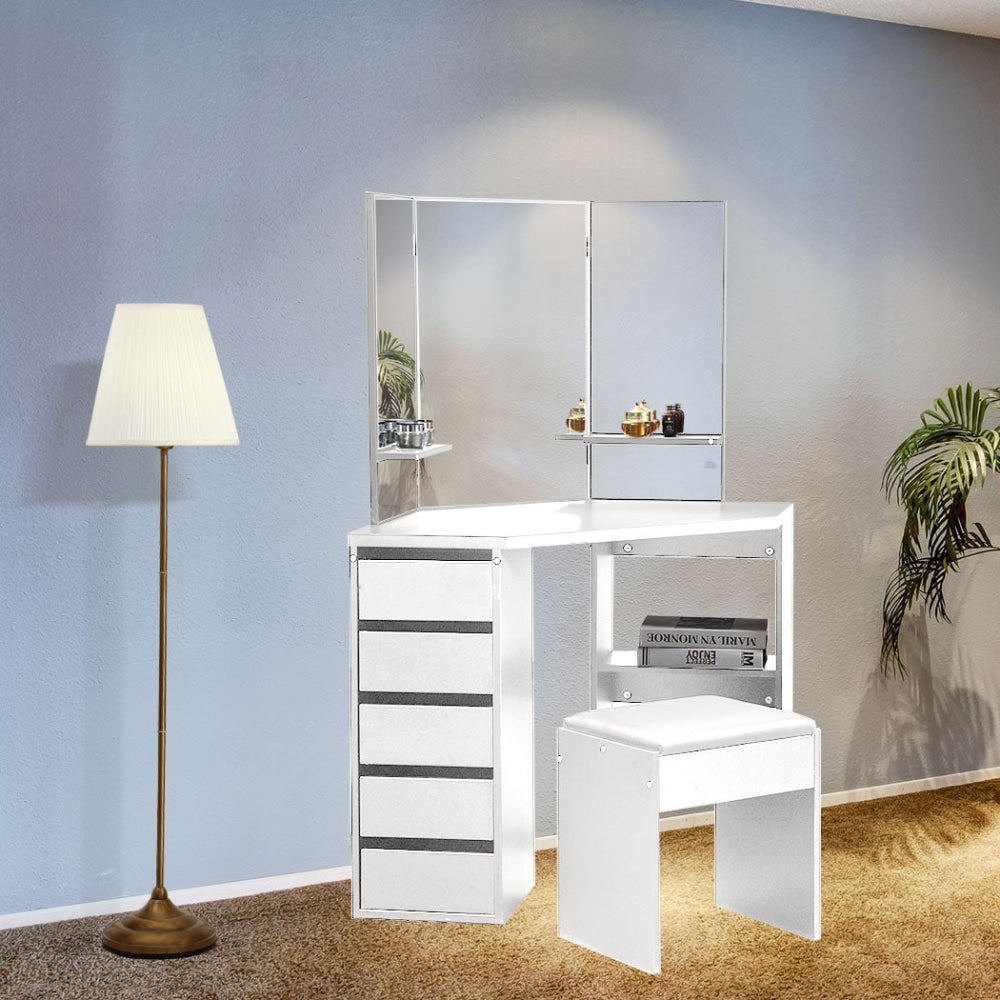 Levede Dressing Table Stool Mirror Jewellery Organiser Makeup Cabinet 5 Drawers White Fast shipping On sale