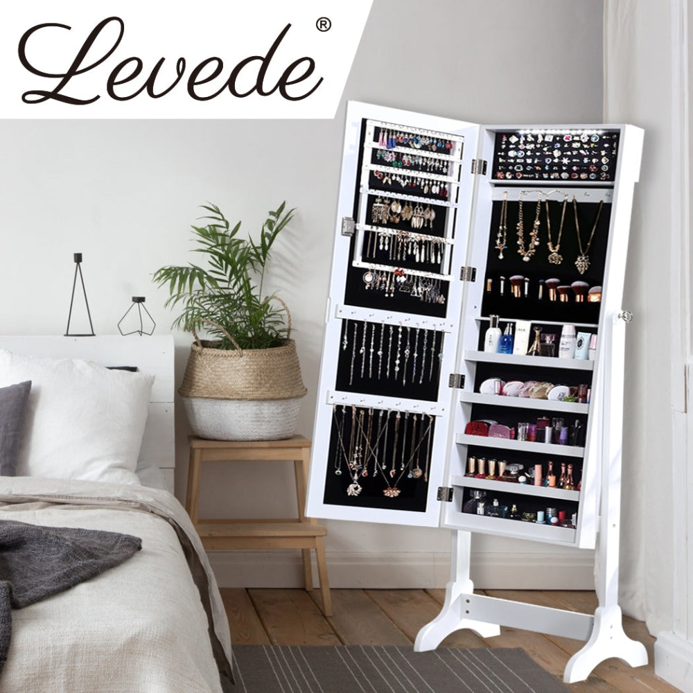 Levede Dual Use Mirrored Jewellery Dressing Cabinet with LED Light White Colour Mirror Fast shipping On sale