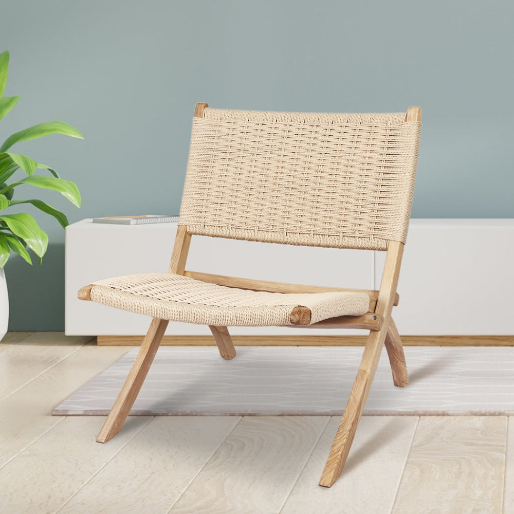 Levede Foldable Single Deck Chair Solid Ash Wood Kraft Rope Paper Woven Seat Lounge Fast shipping On sale