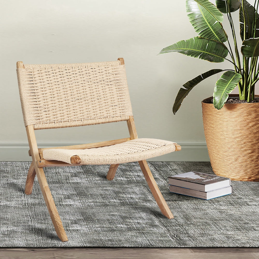 Levede Foldable Single Deck Chair Solid Ash Wood Kraft Rope Paper Woven Seat Lounge Fast shipping On sale