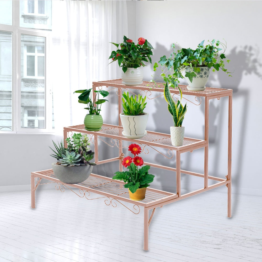 Levede Plant Stand 3 Tier Rectangle Metal Flower Planter Corner Shelf Rose Gold Outdoor Decor Fast shipping On sale