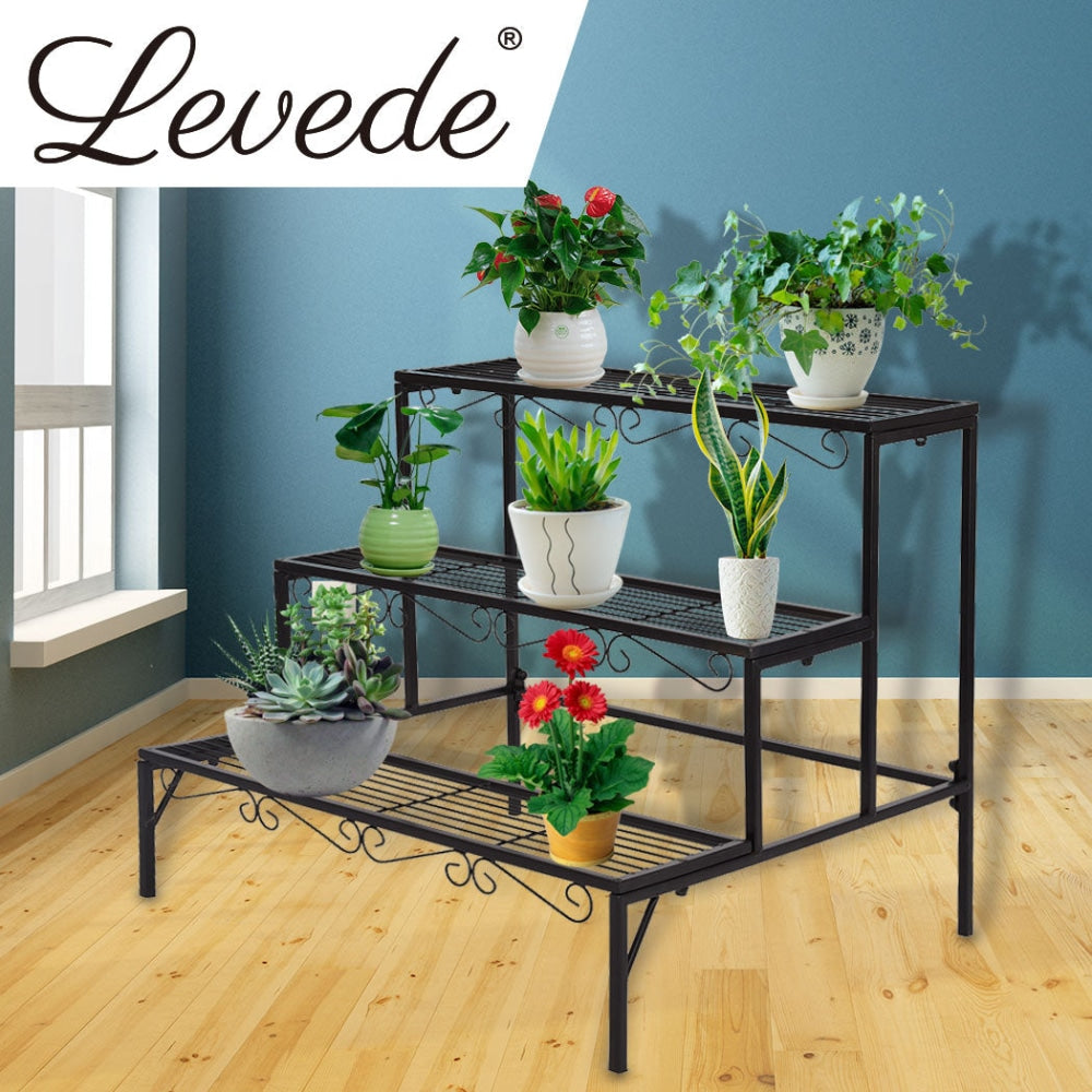 Levede Plant Stand 3 Tier Rectangle Metal Flower Pot Planter Corner Shelf Black Outdoor Decor Fast shipping On sale