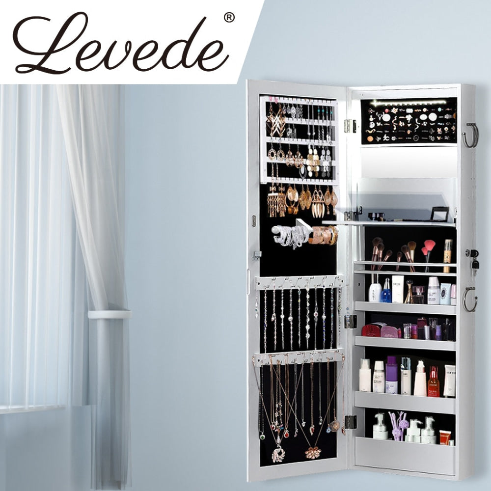 Levede Wall Mounted or Hang Over Mirror Jewellery Cabinet with LED Light White Fast shipping On sale