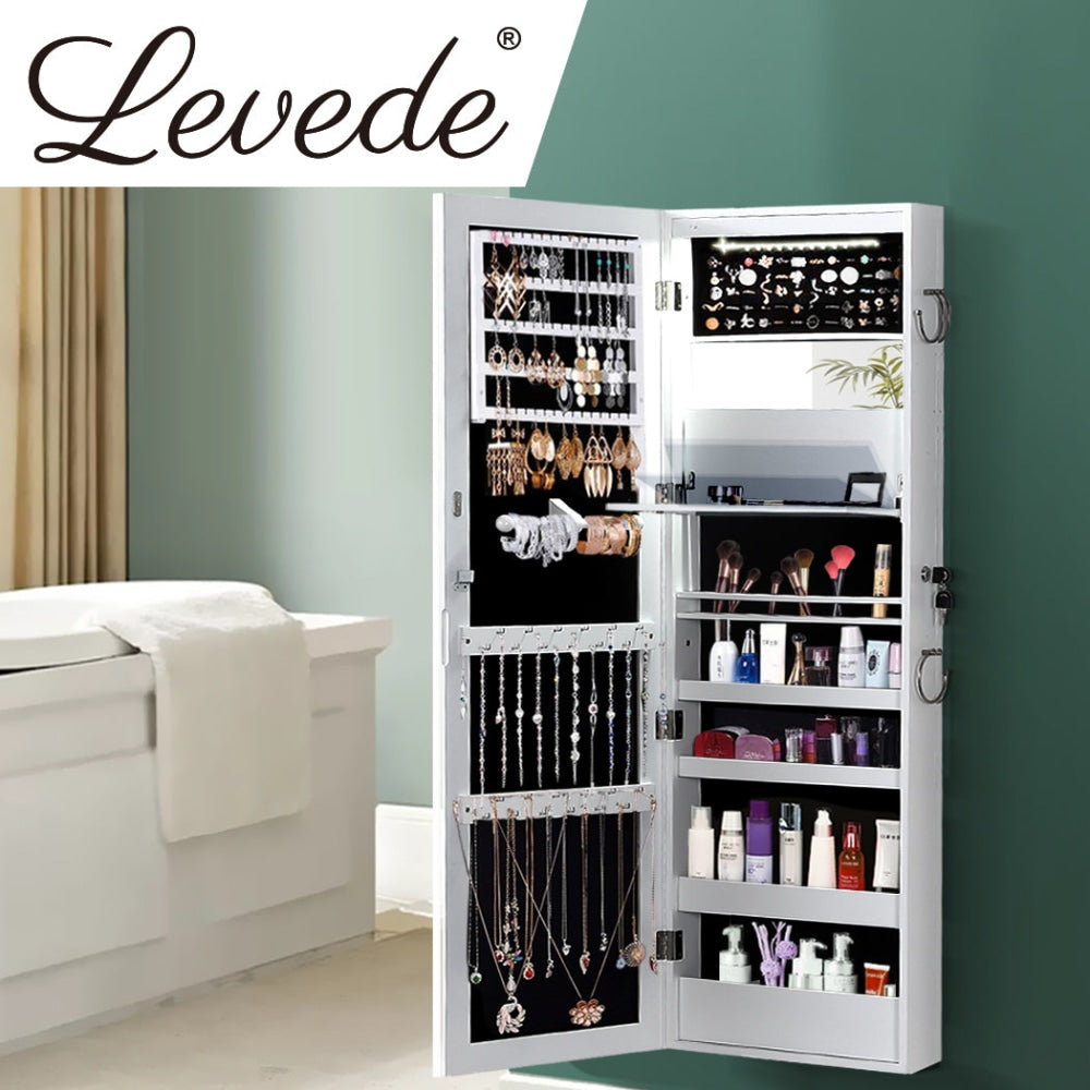 Levede Wall Mounted or Hang Over Mirror Jewellery Cabinet with LED Light White Fast shipping On sale