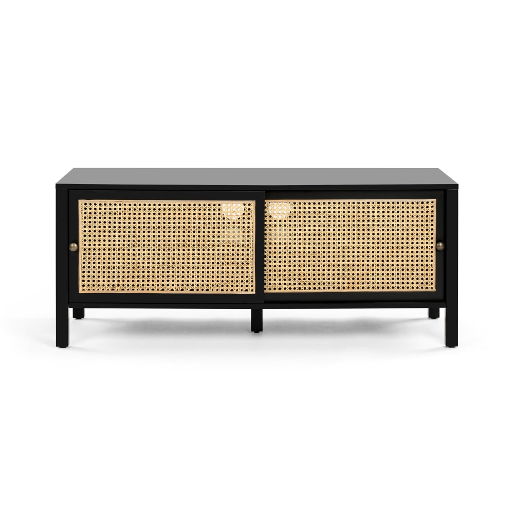 Lucien Lowline Entertainment Unit TV Stand W/ 2-Sliding Doors 116cm - Black/Rattan Fast shipping On sale