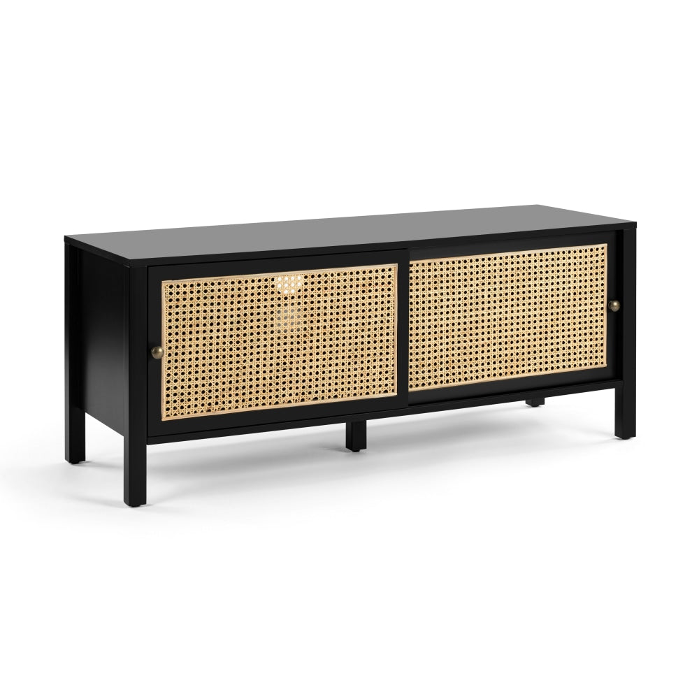 Lucien Lowline Entertainment Unit TV Stand W/ 2-Sliding Doors 116cm - Black/Rattan Fast shipping On sale