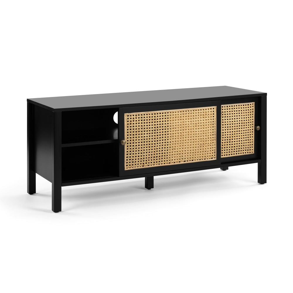 Lucien Lowline Entertainment Unit TV Stand W/ 2-Sliding Doors 116cm - Black/Rattan Fast shipping On sale