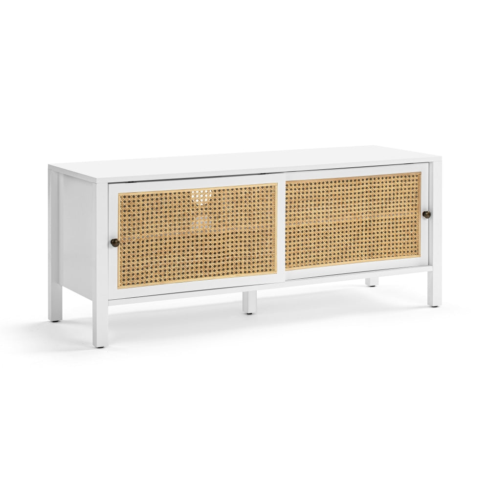 Lucien Lowline Entertainment Unit TV Stand W/ 2-Sliding Doors 116cm - White/Rattan Fast shipping On sale