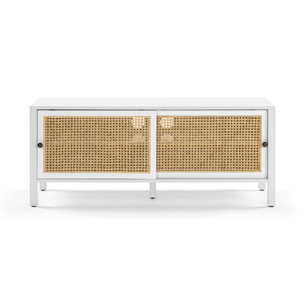 Lucien Lowline Entertainment Unit TV Stand W/ 2-Sliding Doors 116cm - White/Rattan Fast shipping On sale